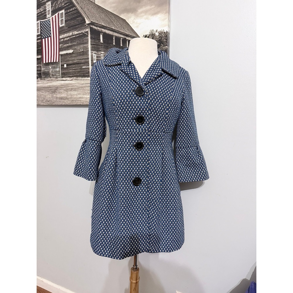 AB studio  Blue black White Patterned Bell Sleeve 60's style retro coat size 4